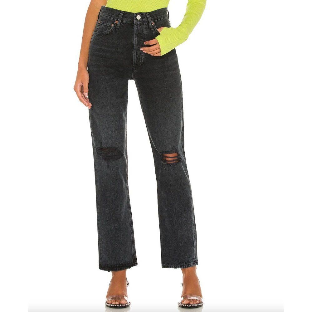 Agolde 90s Pinch Waist High Rise Straight Jeans in Howl Washed Black Distressed